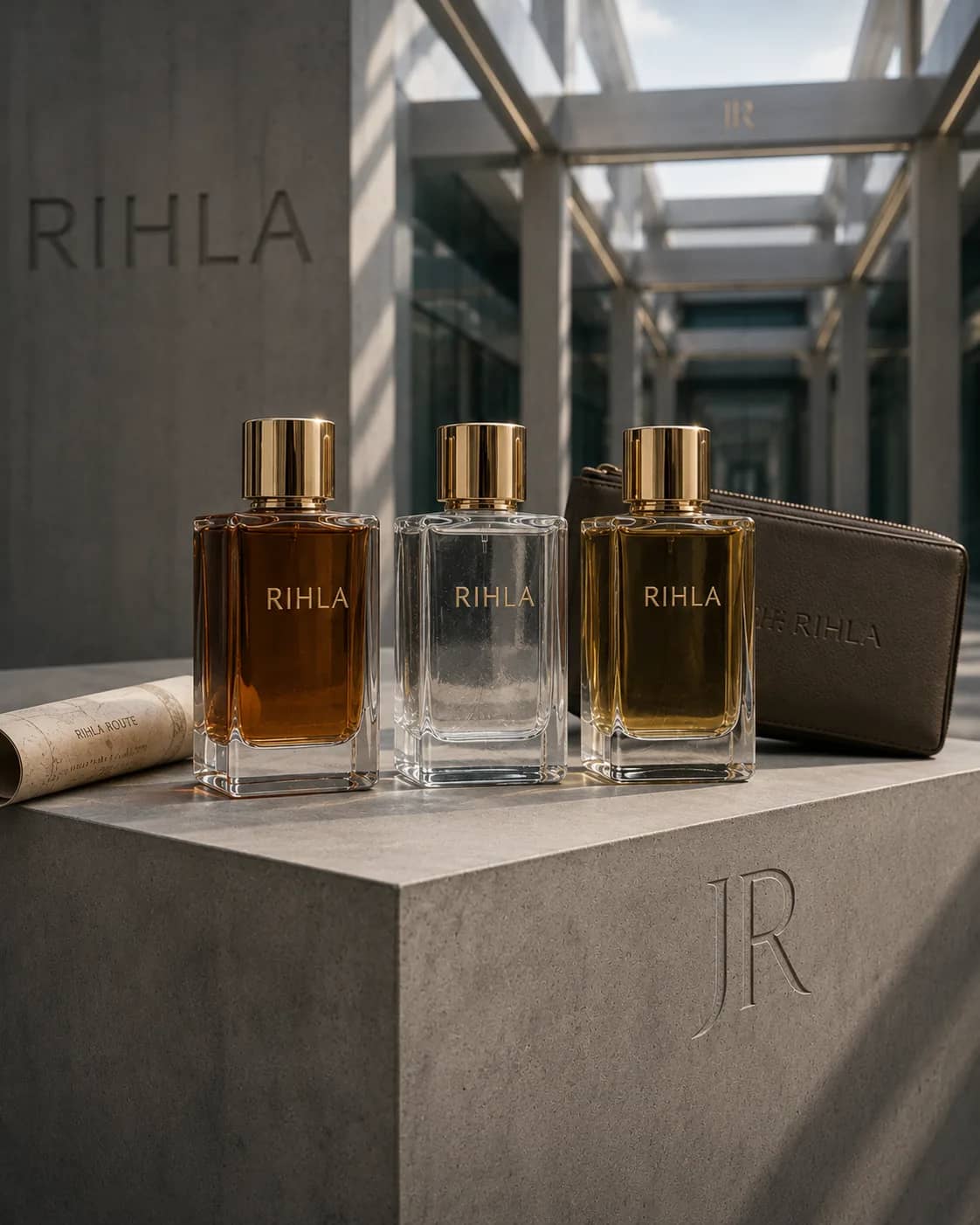 The three RIHLA bottles beside a leather pouch